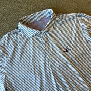 Johnnie-O Shirt Mens XL Blue/Purple Striped Prep-Formance Golf Polo Surfer Logo